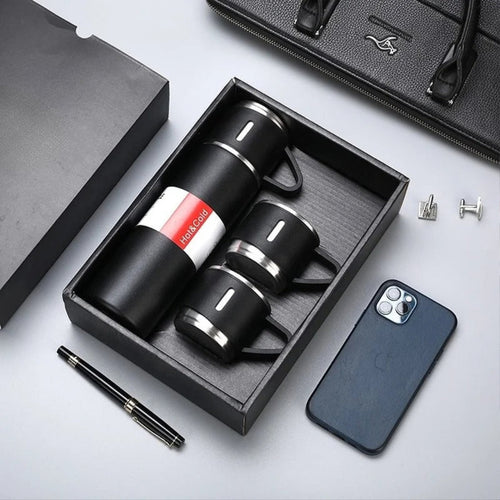 Kit Garrafa Térmica de Café 500ml com 3 Xícaras de Vácuo Isolado de Aço Inoxidável